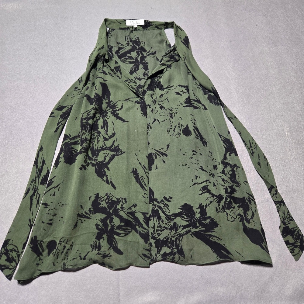 Parker Women Olive Green Black Floral 100% Silk Halter Tie Neck Top P5H2689GEP S